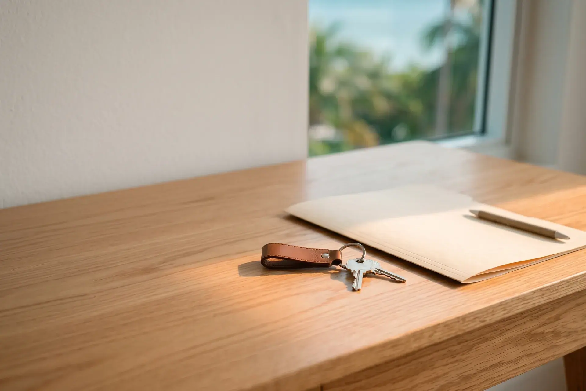 A tidy desk with house keys, a folder of documents and a pen