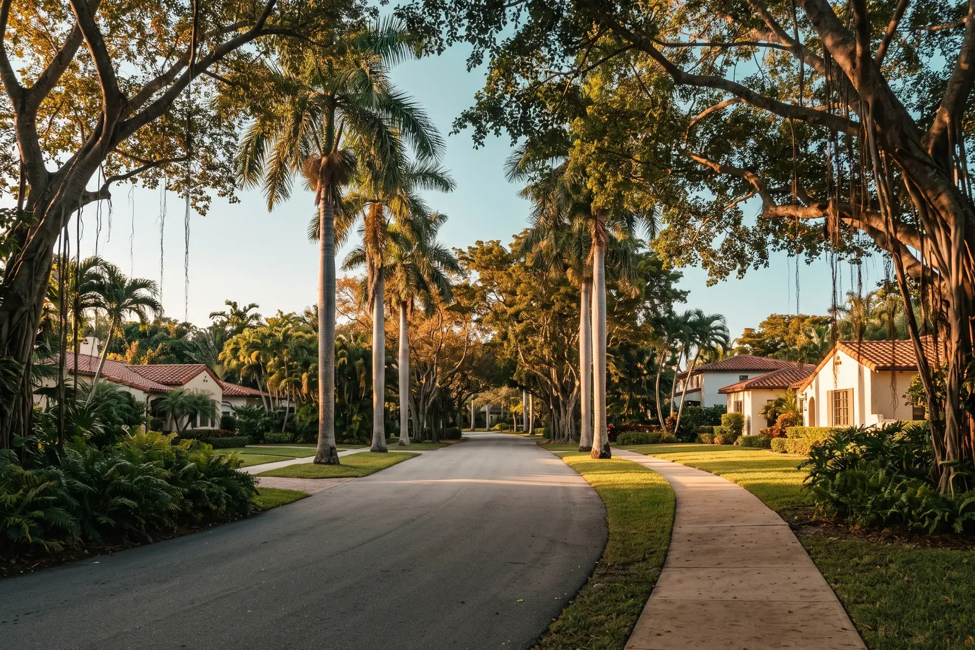 Una calle residencial tranquila de Miami con palmeras