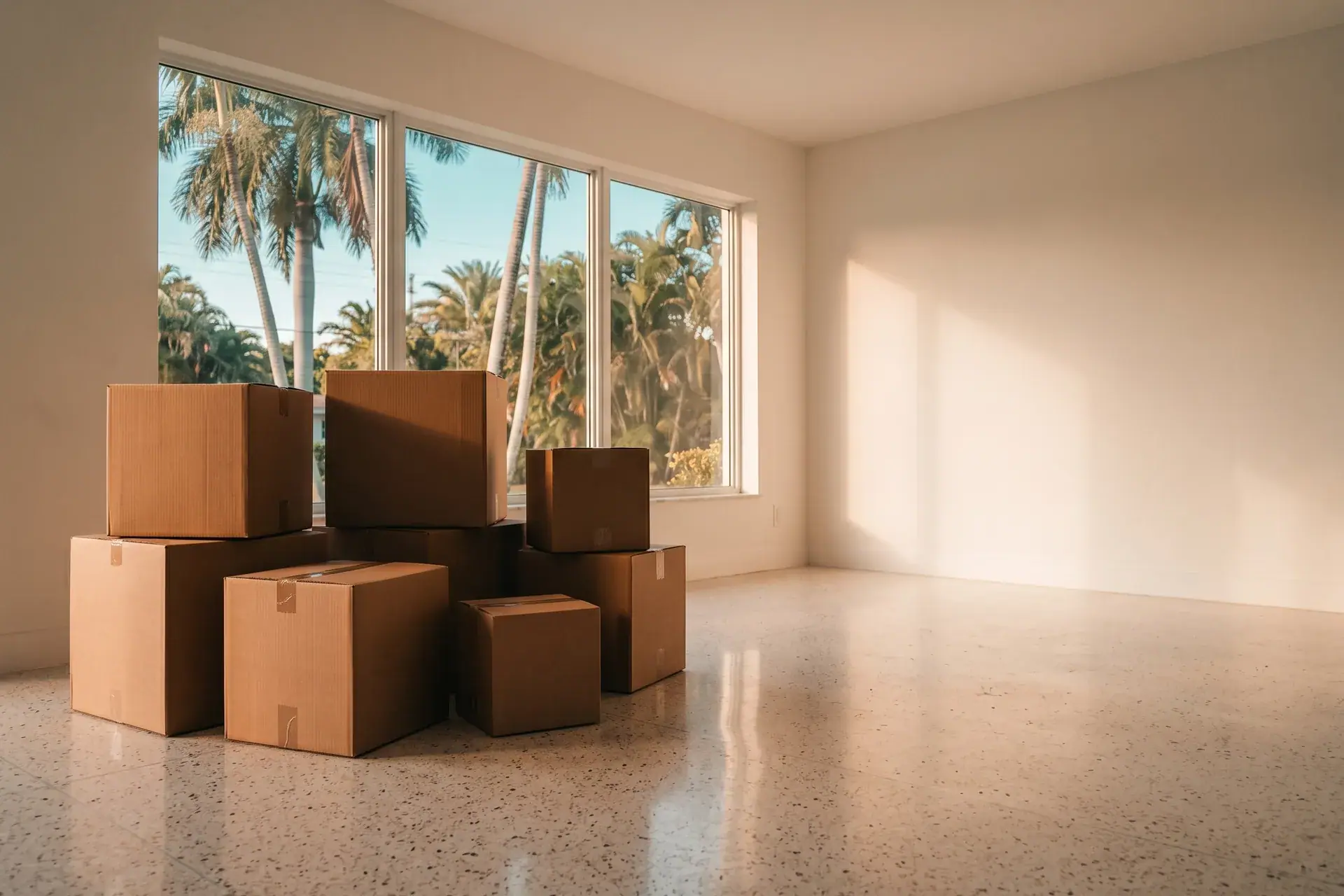 Cajas de mudanza apiladas en una habitación vacía y luminosa