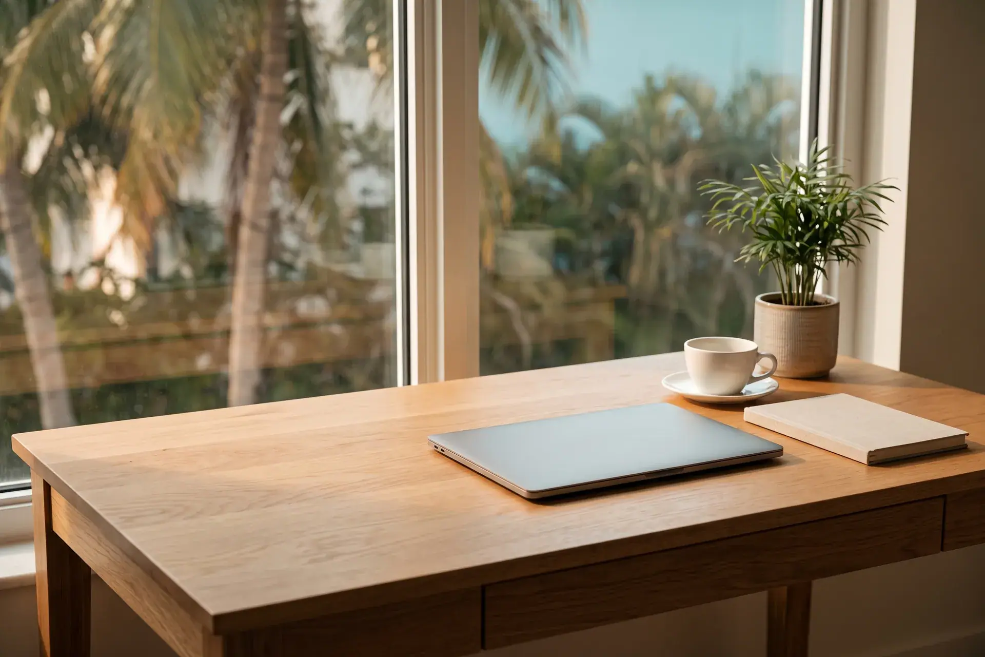 Un escritorio con una computadora portátil y una taza de café